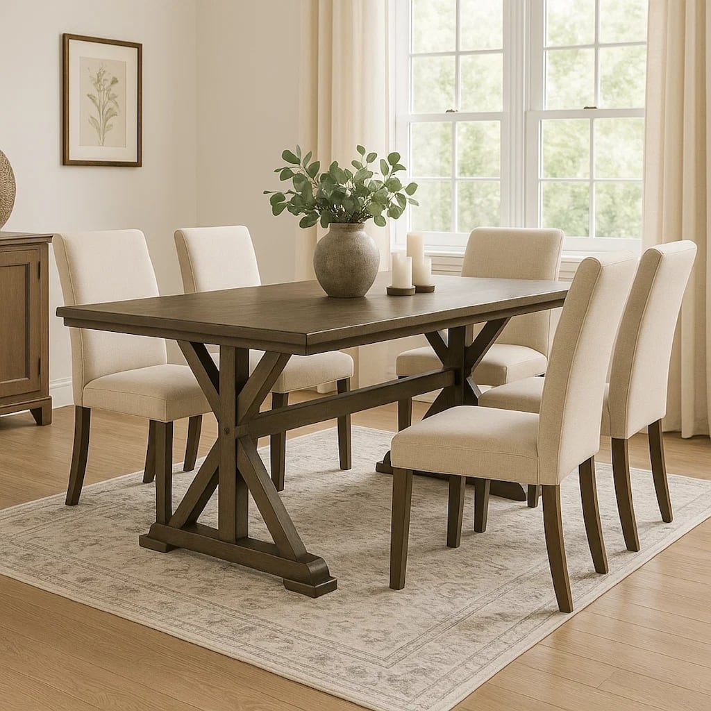 Omal Dining Table, 79 Inch Brown Wood Tabletop, X Shaped Legs - Brownish Khaki