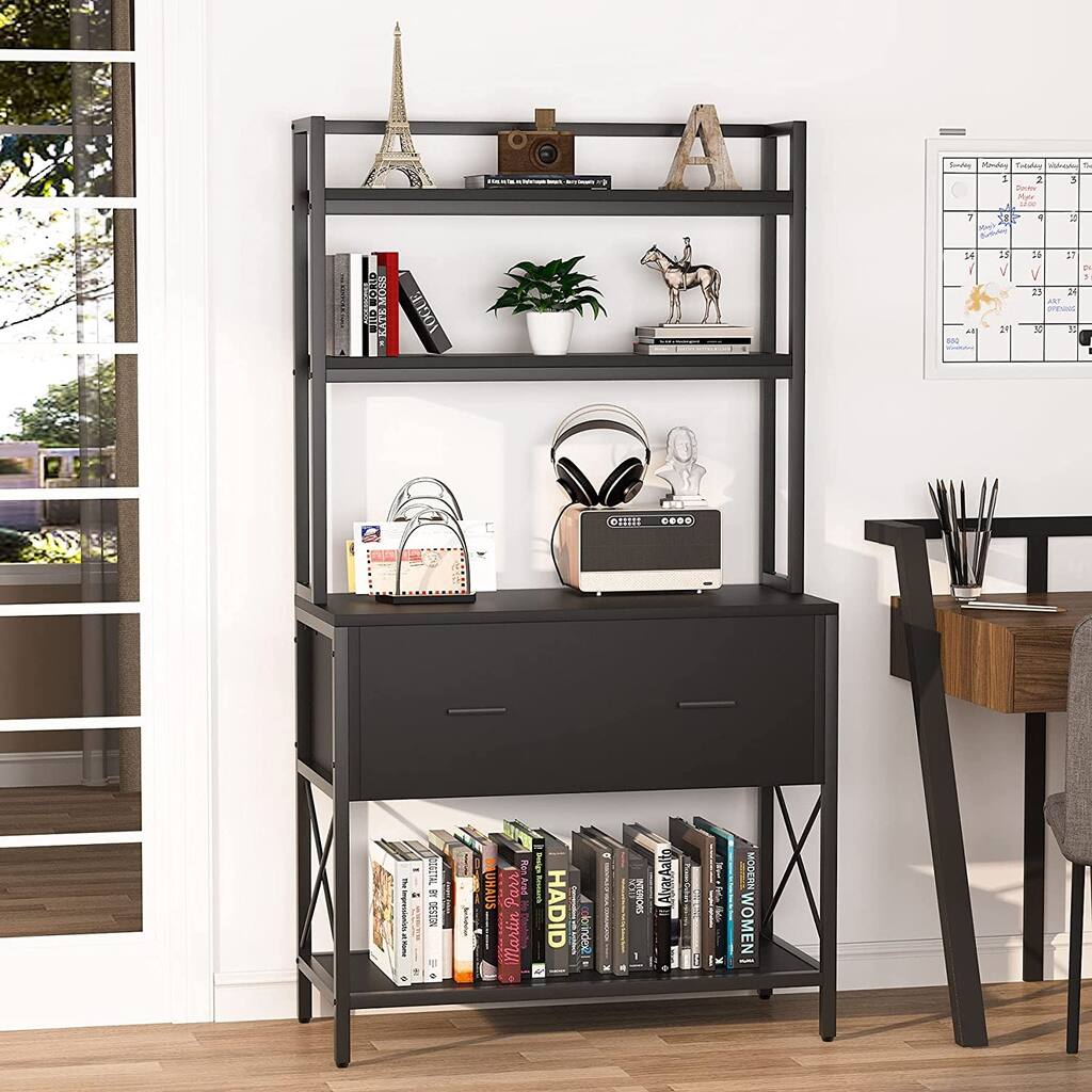 Tall Bookcase with Lateral File Cabinet, Large Open Shelf Display Shelves Racks, Black Book Shelf for Bedroom Living Room