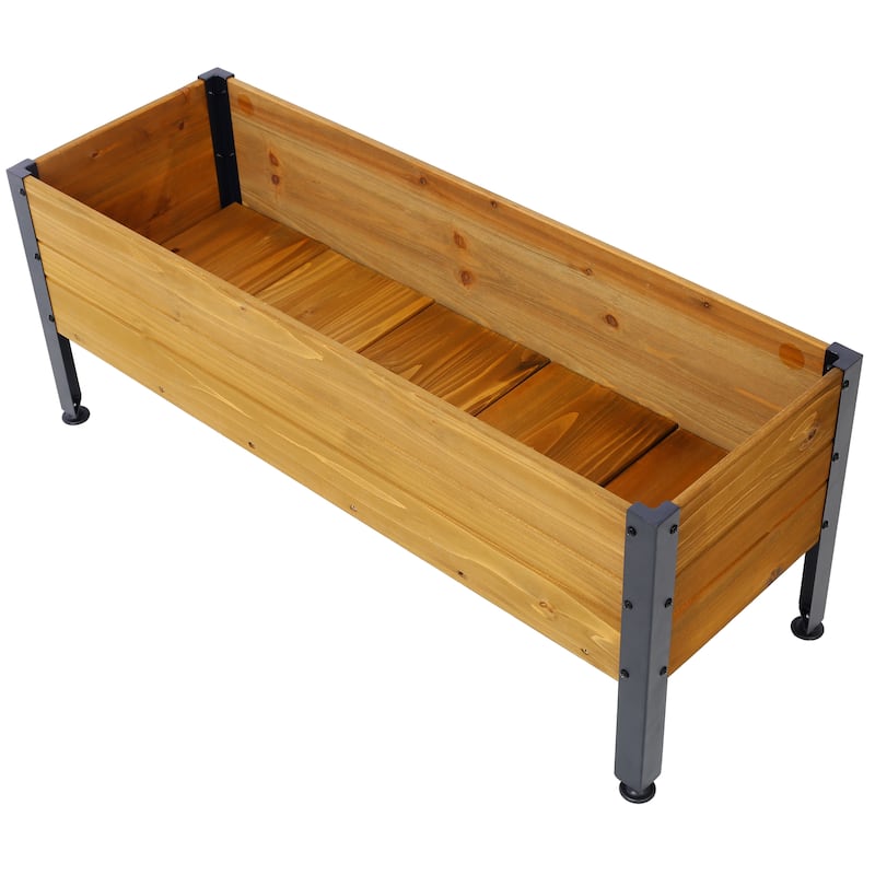 Anmytek Elevated Wooden Planter Box with Metal Legs, Weather Resistant Natural Wood, Adjustable Feet,Raised Garden Bed for Patio - Black+Brown