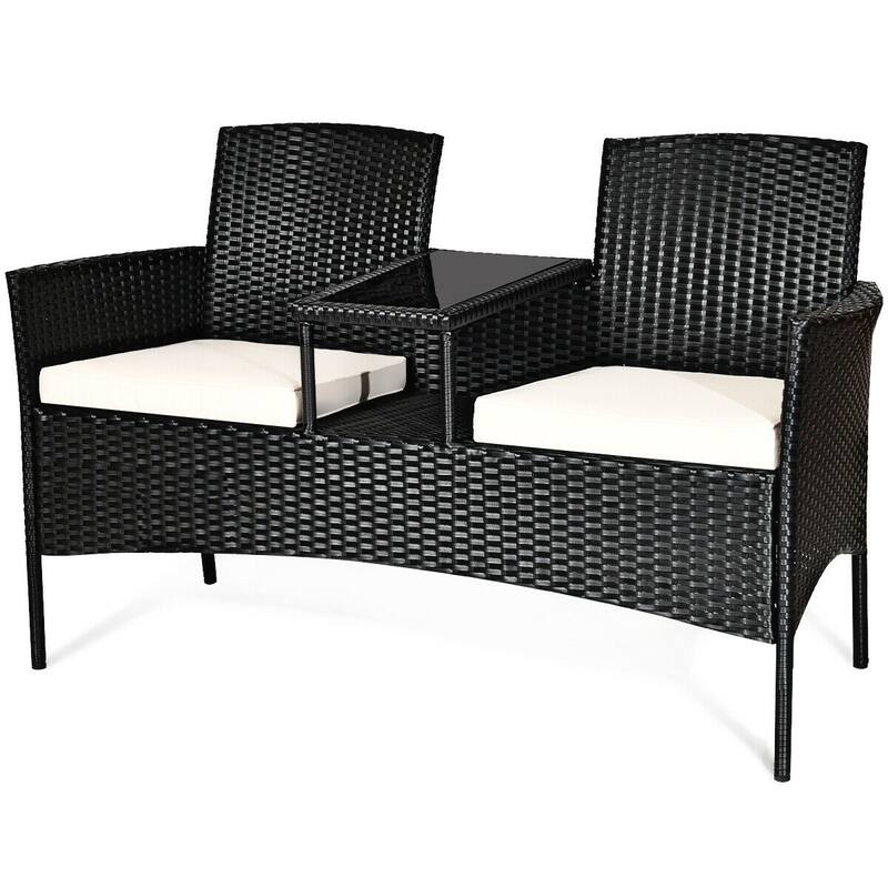 2-Piece Black Wicker Patio Set with White Seat Cushions and Tempered Glass Chat Table - 54.5" x 24" x 33" (L x W x H)