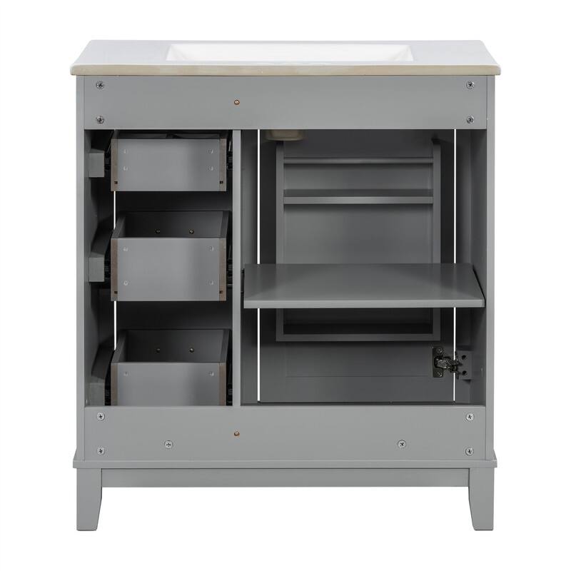 30'' Bathroom Vanity with Ceramic Sink, Freestanding Bathroom Vanity Cabinet with 3 Drawers, 1 Soft Close Door and Storage Rack