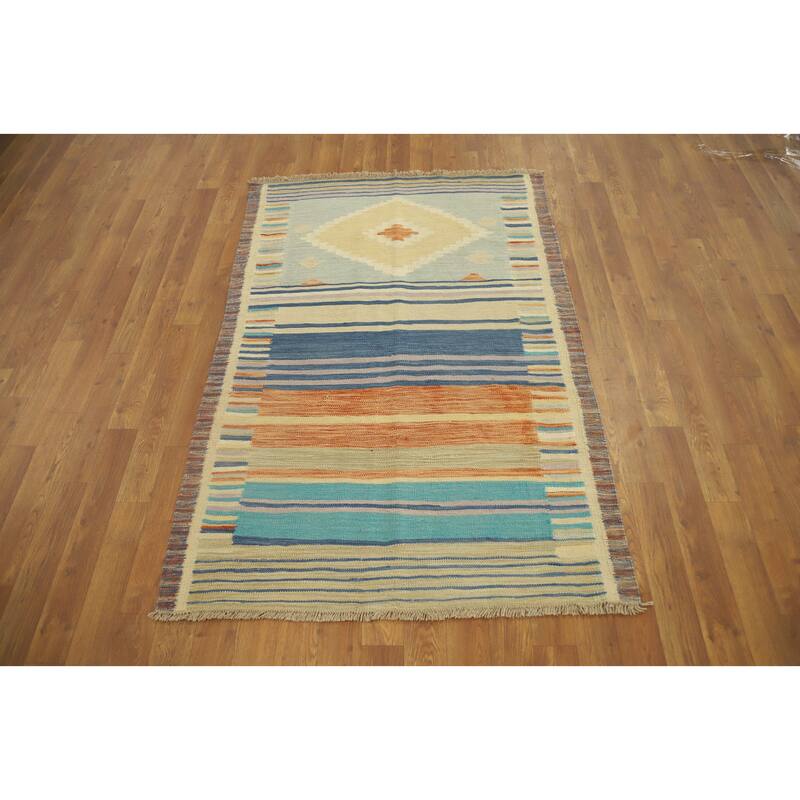 Hand Woven Oriental 100% Wool Carpet Southwestern Tribal Multi-Colored Kilim Area Rug - 4' 10'' X 3' 3''
