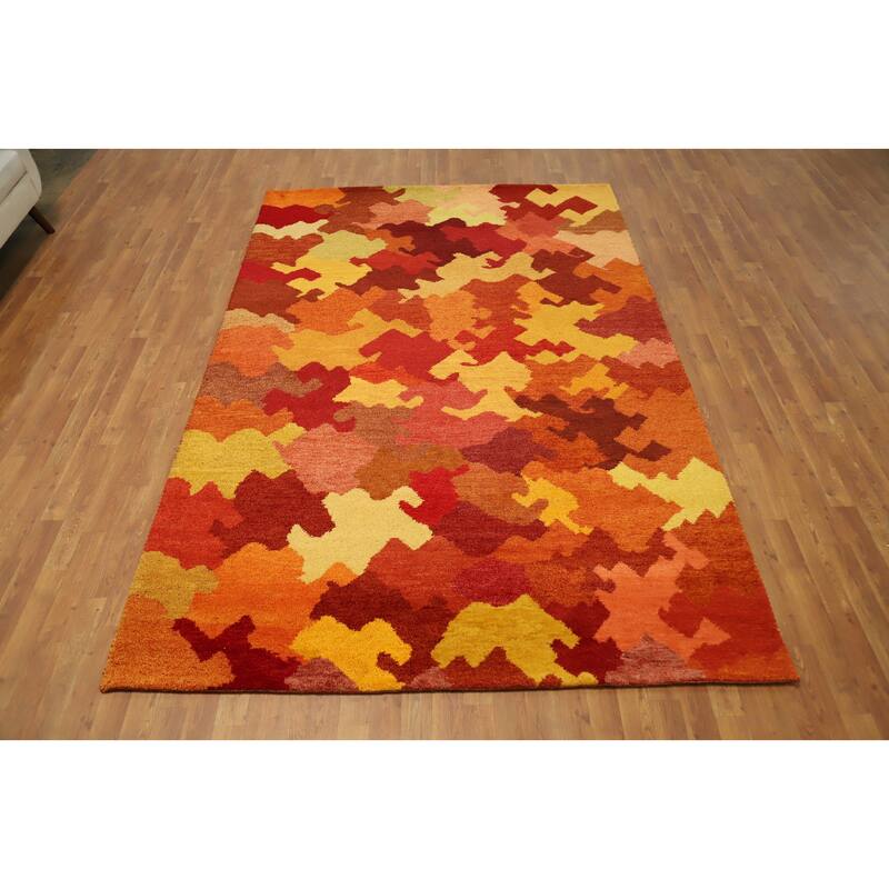 Hand Knotted Oriental 100% Wool Carpet Modern Geometric Oranges & Rust Gabbeh Area Rug - 9' 7'' X 6' 4''