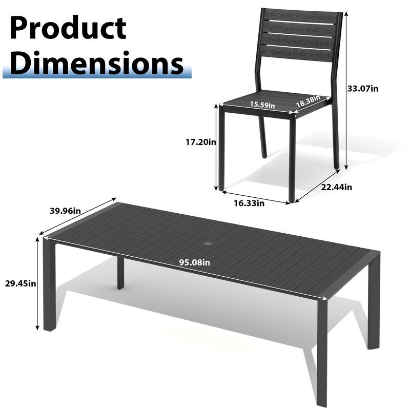 9-Piece Outdoor Patio Dining Set Wood Like Table Top Aluminum Rectangular Umbrella Hole Table with Stackable Dining Chairs