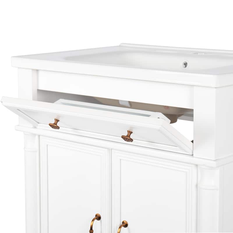 28"/36" Bathroom Vanity with Sink, Integrated Ceramic Basin Vanity Cabinet with Roman Column Base, Solid Wood Frame