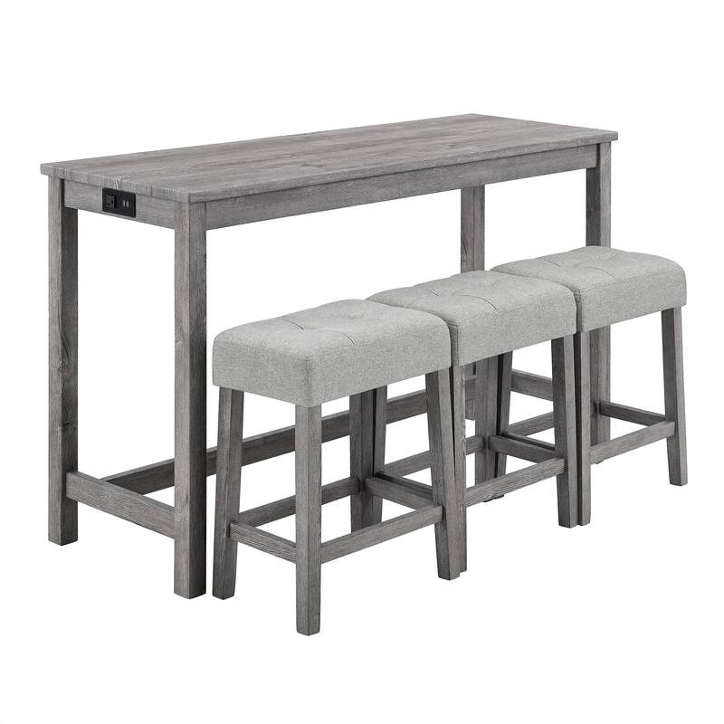 Bar Table Set with 3 Stools and Power Outlet - Gray Table & Gray Stools