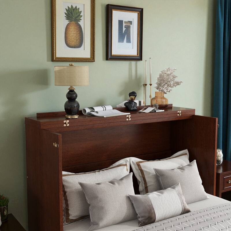 Queen Size Pine Wood Murphy Bed Cabinet with Rattan Front Panel, Foldable Bed with Storage Drawer and Sturdy Platform