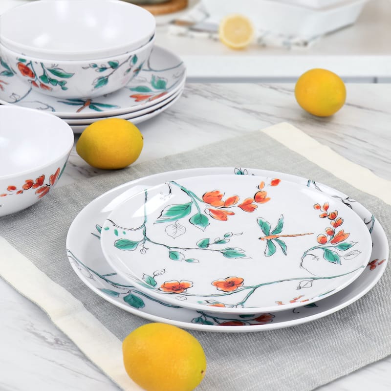 12 Piece Garden Trip Chip-Resistant Melamine Dinnerware Set in White