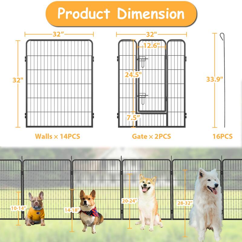 Dog Playpen - 16-Panel Outdoor Pet Fence with Doors, Portable Exercise Pen for All Dog Sizes, Yard, RV & Camping