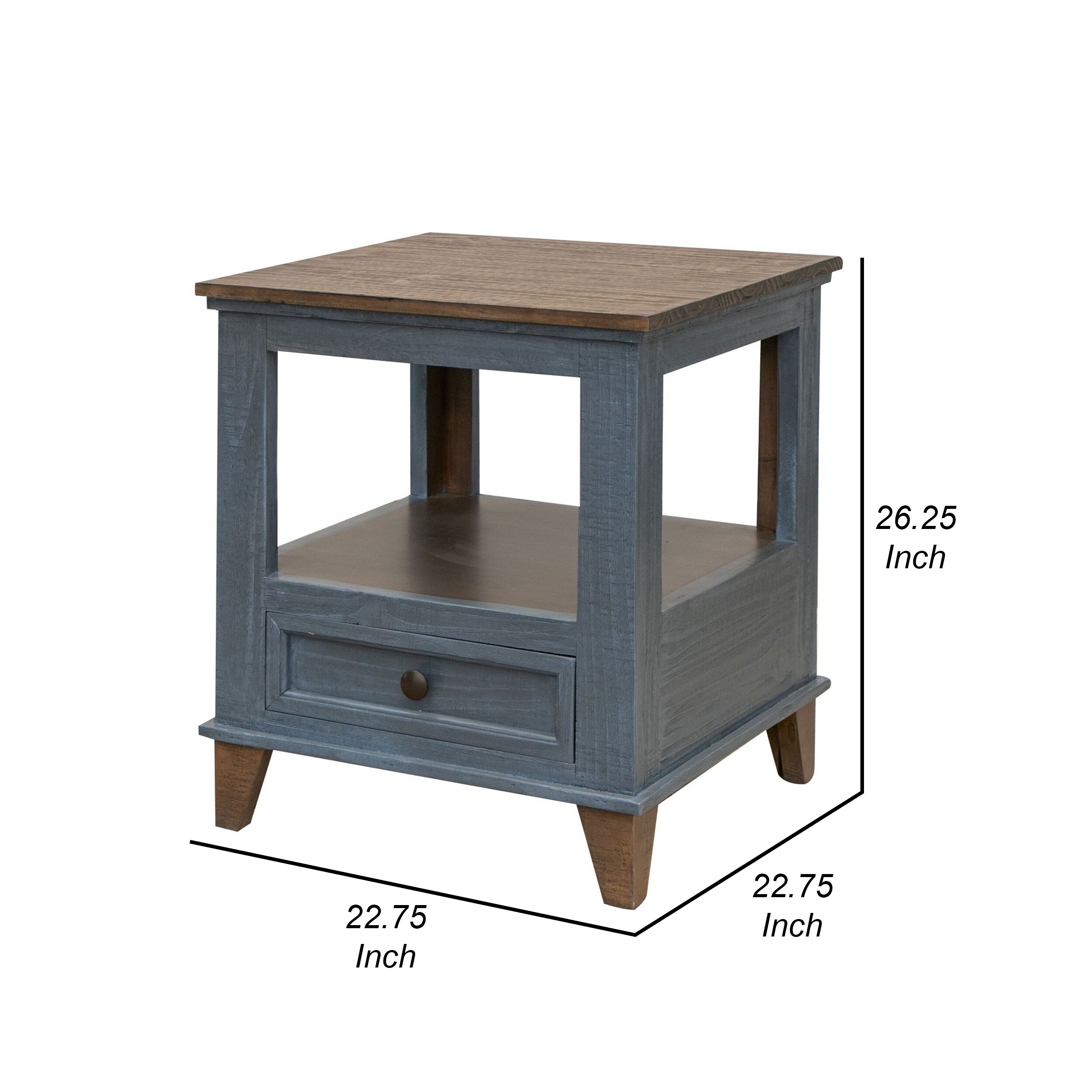 Rozy 26 Inch Side End Table, Pine Wood, 1 Drawer, Open Shelf