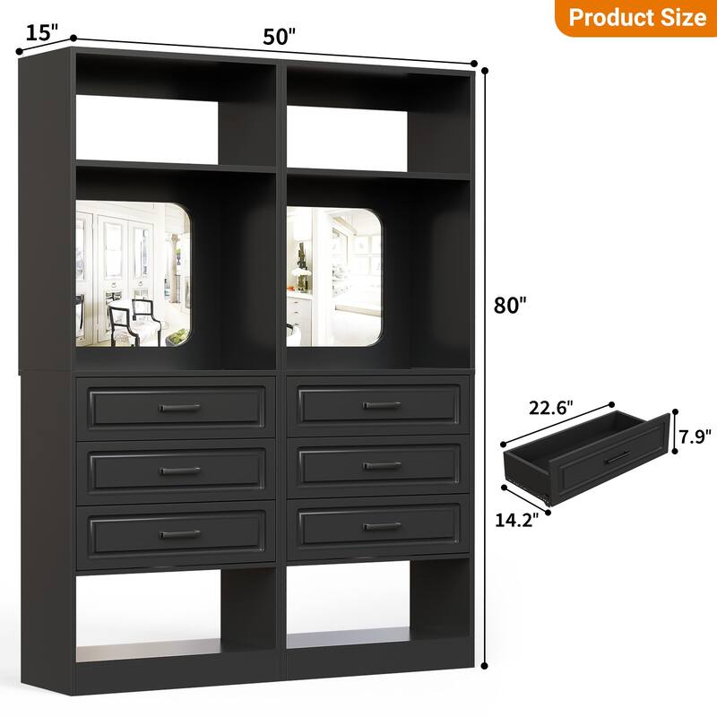 Cimly 25'' Freestanding Closet System with Drawers and Mirror, Display Shelves Organizer with Shelving