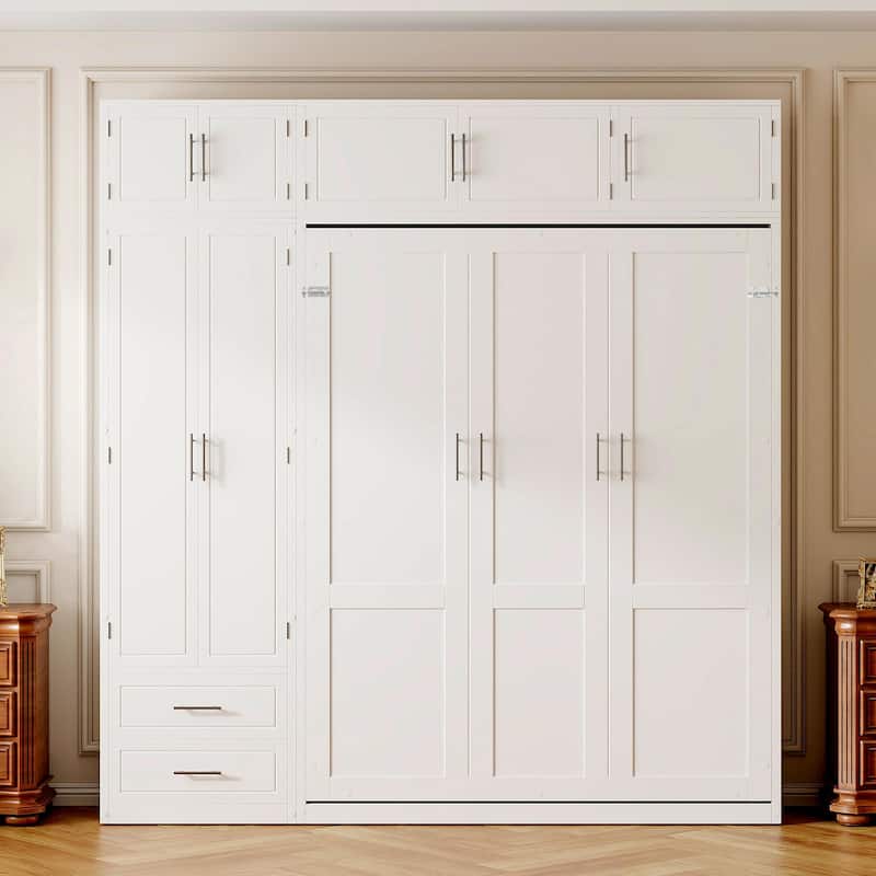 Queen Size Wall Murphy Bed with Top Cabinet, Shelves, and Side Wardrobe