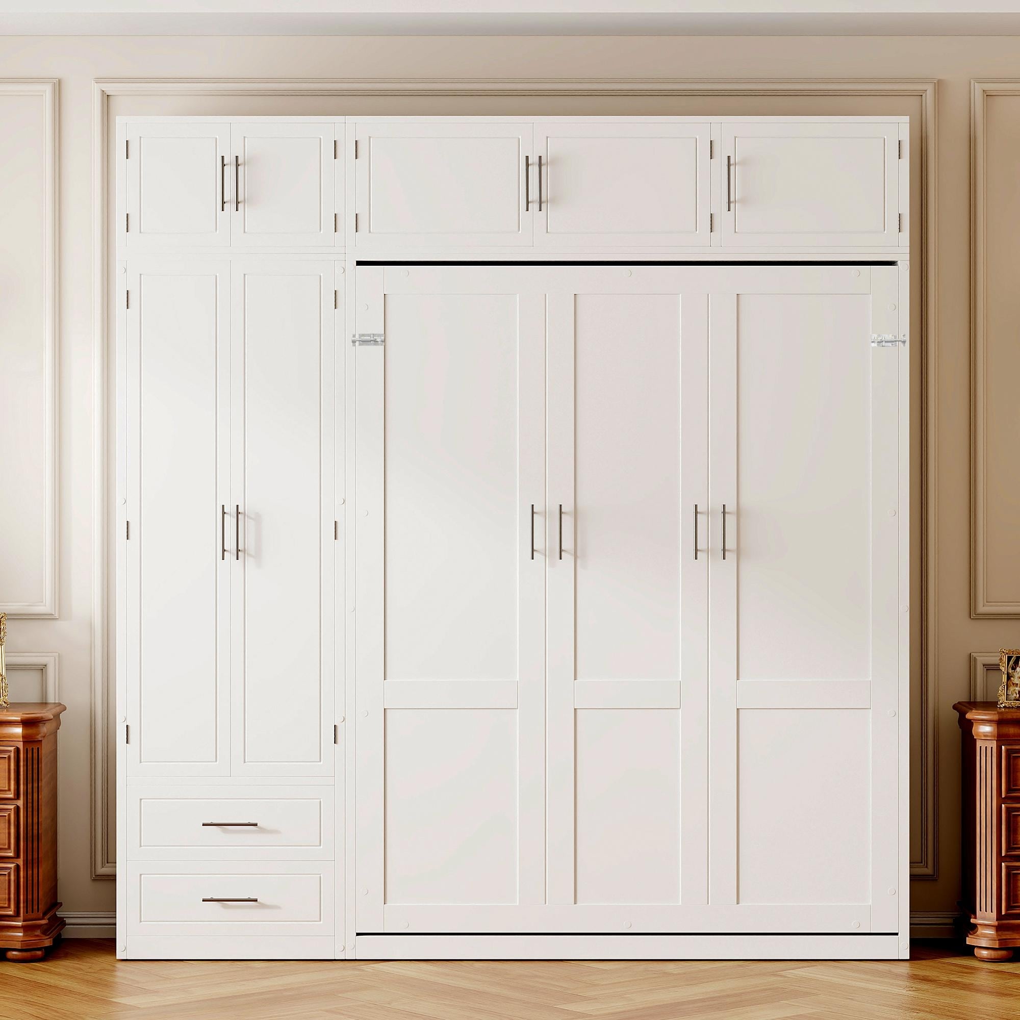 Roomfitters Queen Murphy Wall Bed with Top Cabinet, Wardrobe and Storage Drawers, Integrated Shelves