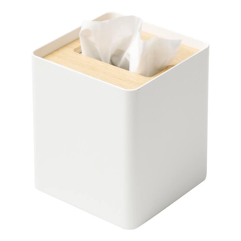 Yamazaki Home Tissue Box Cover - Square, Steel, Lid - L 5.12 x W 5.12 x H 6.1 inches - Ash