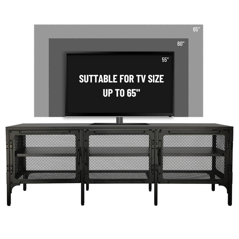2 tier 65" Industrial Metal Tv Stand with 3 mesh doors Large TV Console and TV Cabinet for Living Room