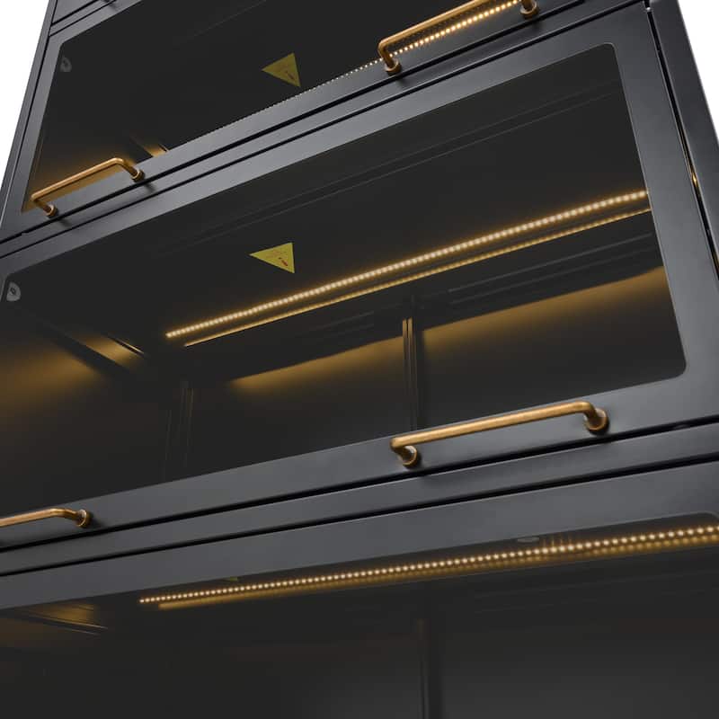 78.75'' Tall Iron Display Cabinet with Glass Doors, 5-Tier Steel Barister Bookcase with LED Lights for Collectibles