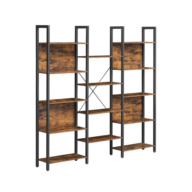 Triple Wide 5 Tier Bookshelf, Bookcase with 14 Storage Shelves, Metal Frame, Rustic Brown and Black - 62.2"L x 9.4"W x 65.4"H - Rustic Brown, Black