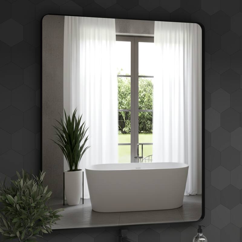 30 x 36 Inch Black Metal Framed Rectangular Tempered Bathroom Mirror for Wall