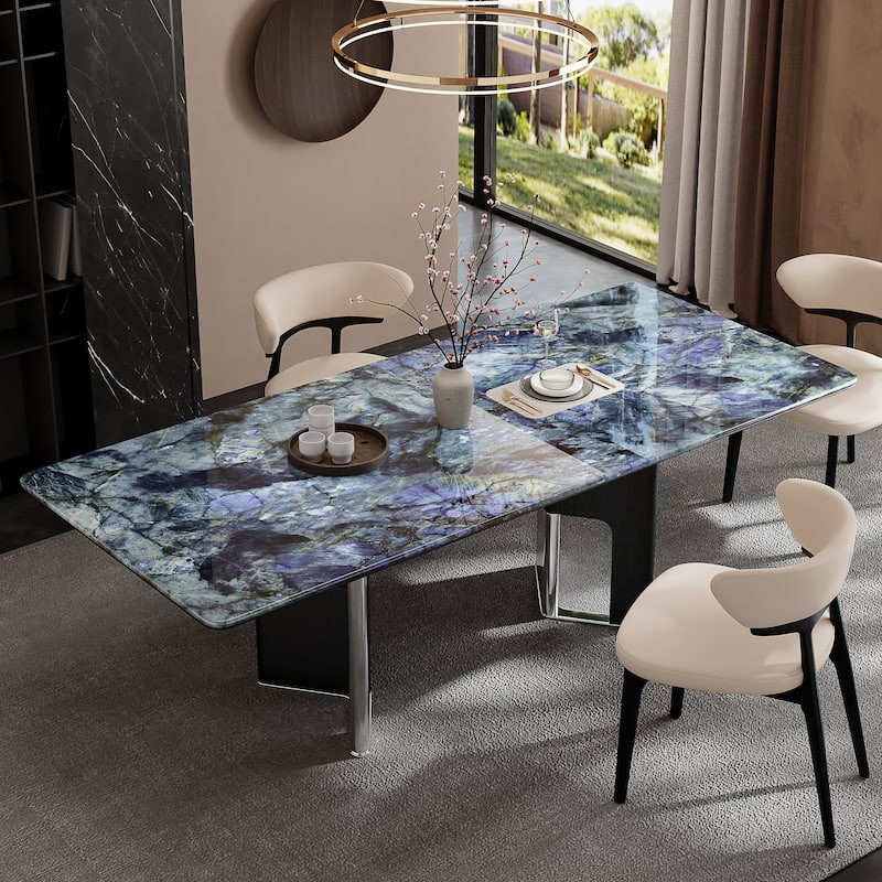 78.74"Modern Dining Table for 6-8,Glossy Sintered Stone Top, Blue - 78.74"