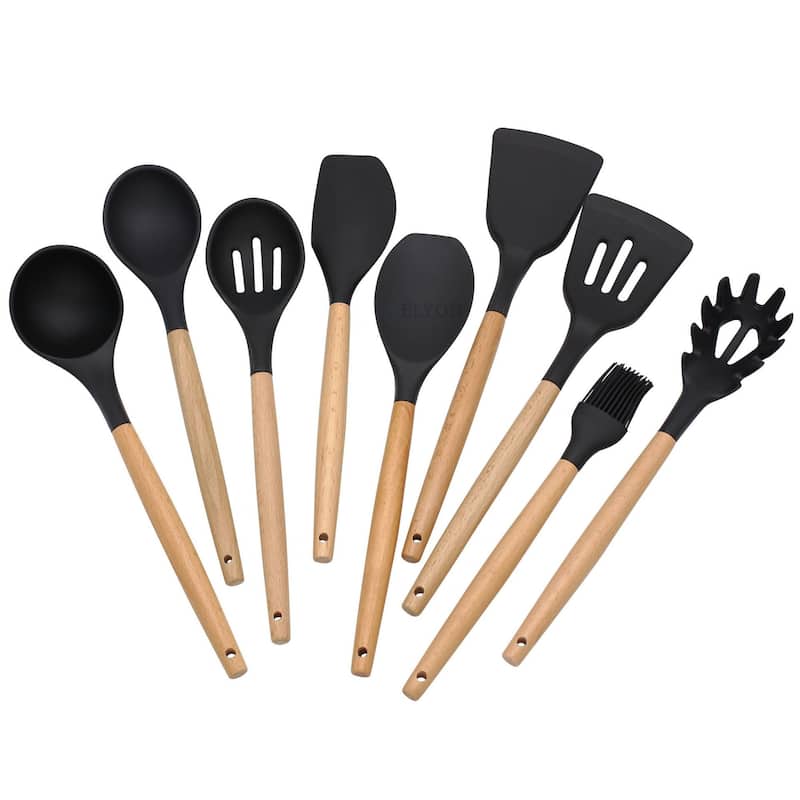 Elyon 9 Piece Colored Silicone with Wood Handles Kitchen Utensils Set - 9 Piece - Black