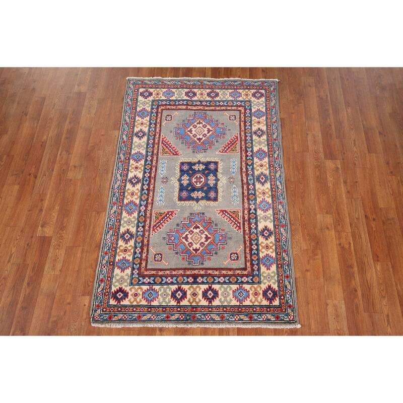 Geometric Kazak Accent Rug Hand-Knotted Traditional Wool Carpet - 3'2" x 5'0"