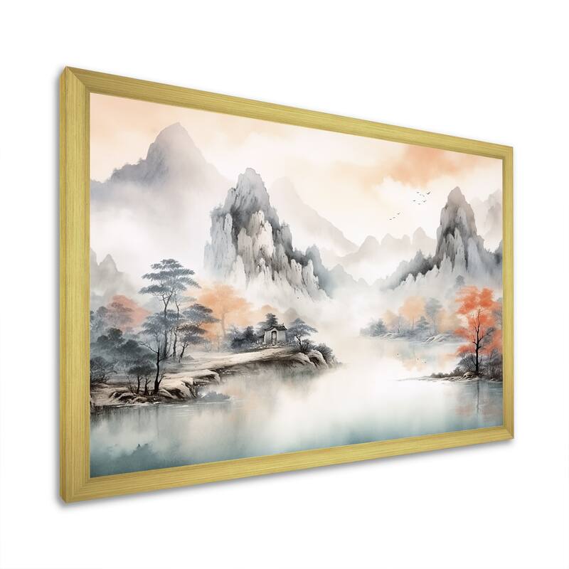 Designart "Grey Tranquil Chinese Landscape Serenity I" China Orange - Traditional Entryway Framed Wall Art Print