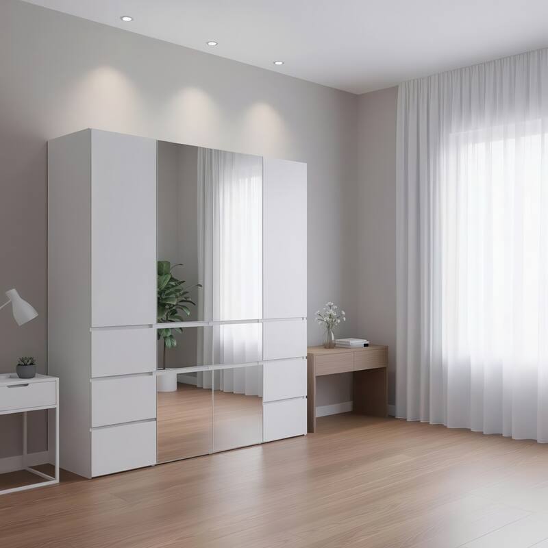 Elise Modular Wood Closet System with Mirror in White - 62.8"D x 17.72"W x 70.9"H