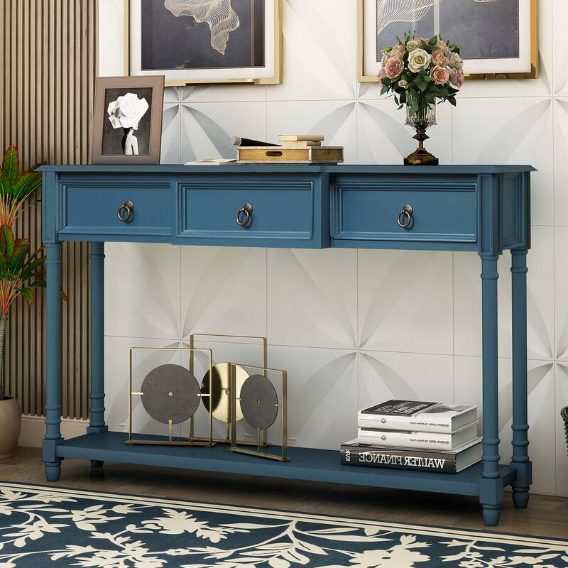 Sideboard Cabinet Sofa Console Table for Entryway with 3 Projecting Drawers and 1 Long Bottom Shelf, Antique Navy