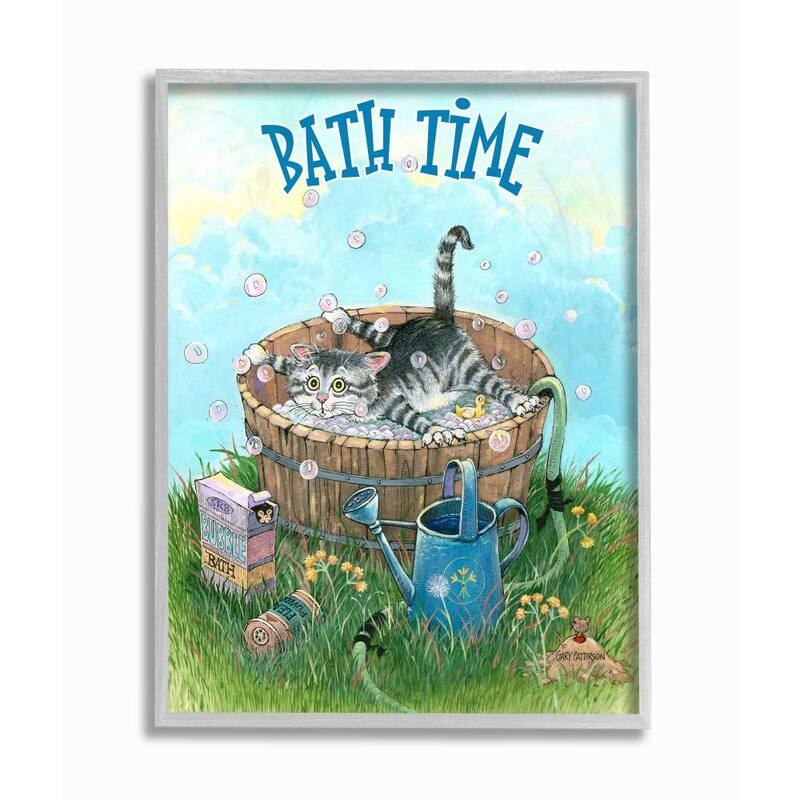 Stupell Bath Time Funny Cat Cartoon Pet Design Framed Wall Art - 11 x 14 - Grey
