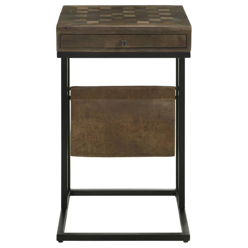 27 Inch Chess Side Table, Drawer, Magazine Holder, Tobbaco Brown Mango Wood