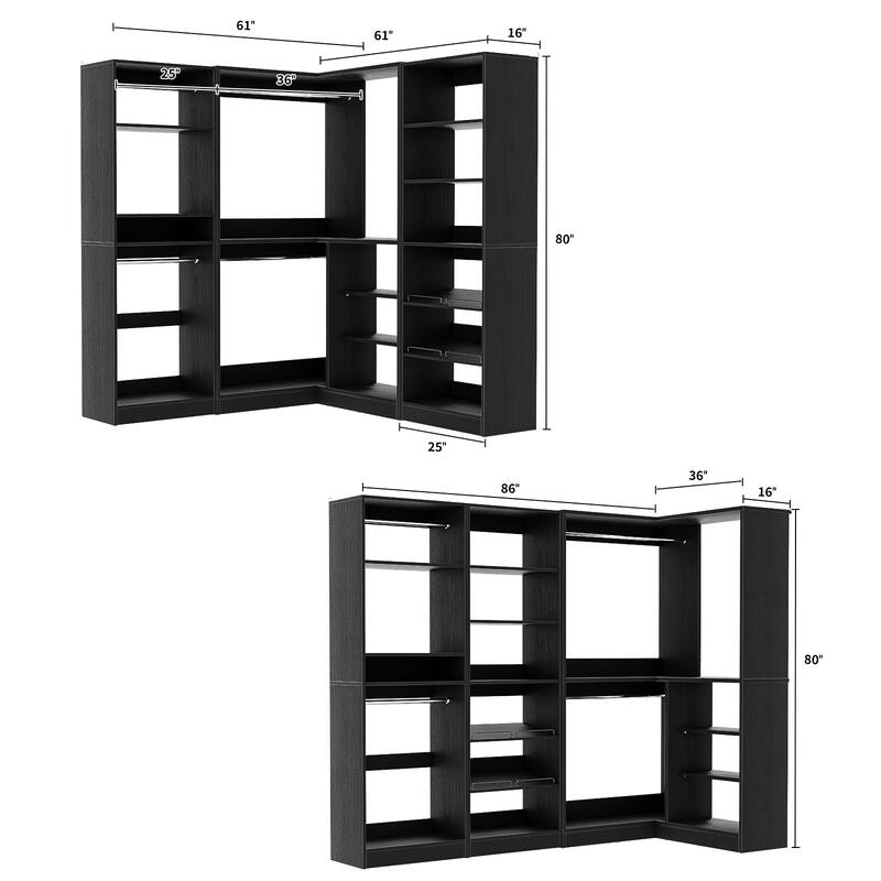 Cimly Set of 3 Large Corner Closet System, Space-saving Closet Organizer with Hanging Rods, Adjustable Shoe Rack and Shelves