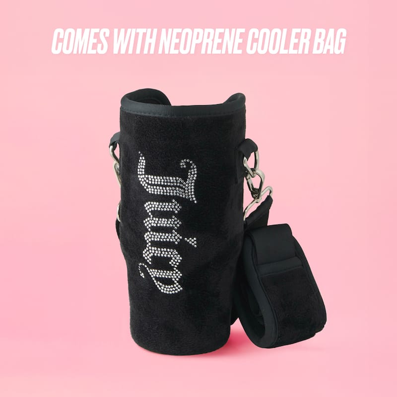 Juicy Couture Jetsetter Hydration Stainless Steel Tumbler with Handle, Straw & Topper with Velour Crossbody Pouch