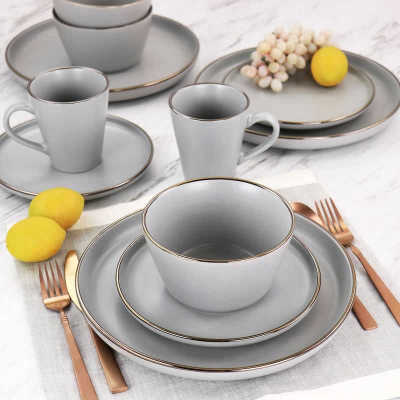 Elama Louis Stoneware Dinnerware Set in Matte Slate w/ Gold Rim - 16 Piece Set