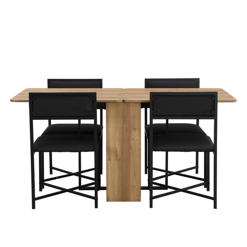 Roomfitters Modern 63" 5-Piece Extendable Dining Table Set with Storage Rack, Foldable Square Table and 4 PU Chairs