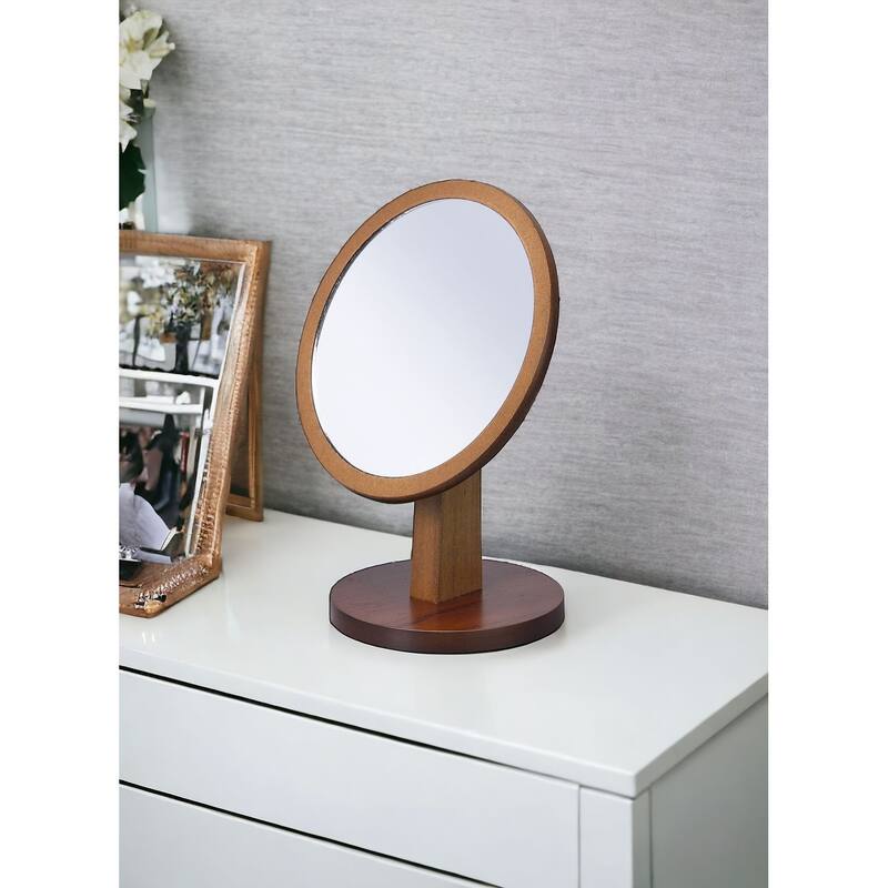 HomeRoots 10" Brown Round Framed Makeup Shaving Tabletop Mirror - Brown