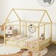 preview thumbnail 2 of 11, Natural Full Size Pine Wood Floor Wooden Bed with House Roof Frame and Safety Guardrails