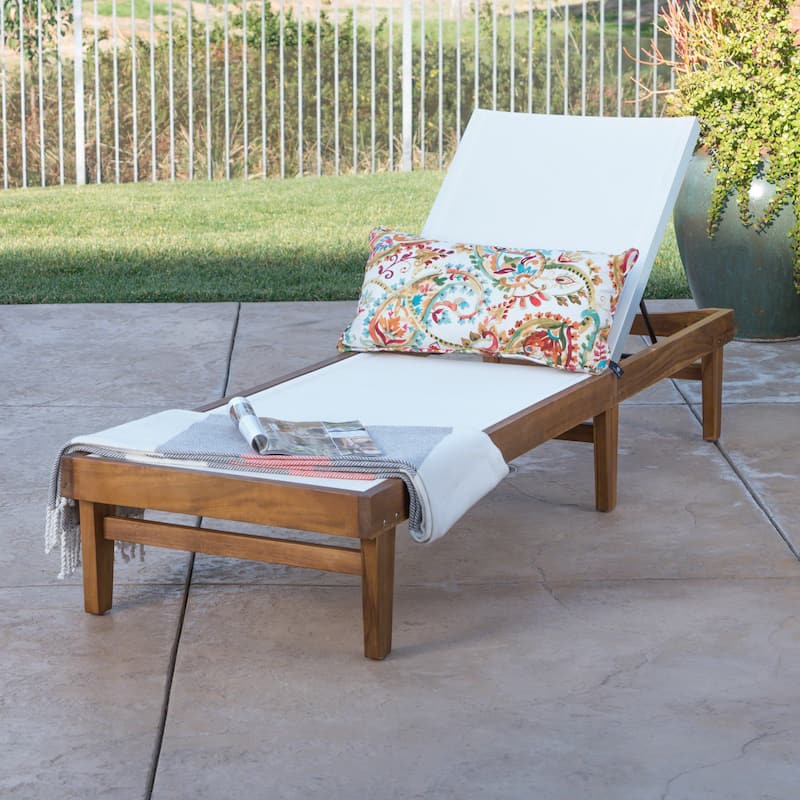Roomfitters Outdoor Wooden Chaise Lounge with Adjustable Backrest, Weather-Resistant Sun Lounger - White