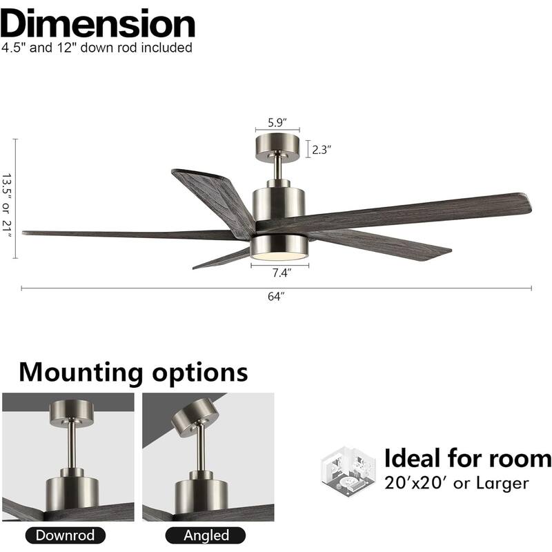 64" Brushed Nickel Aero Blade Ceiling Fan with LED Light and Remote - Brushed Nickel - 64"D x 64"W x 21"H