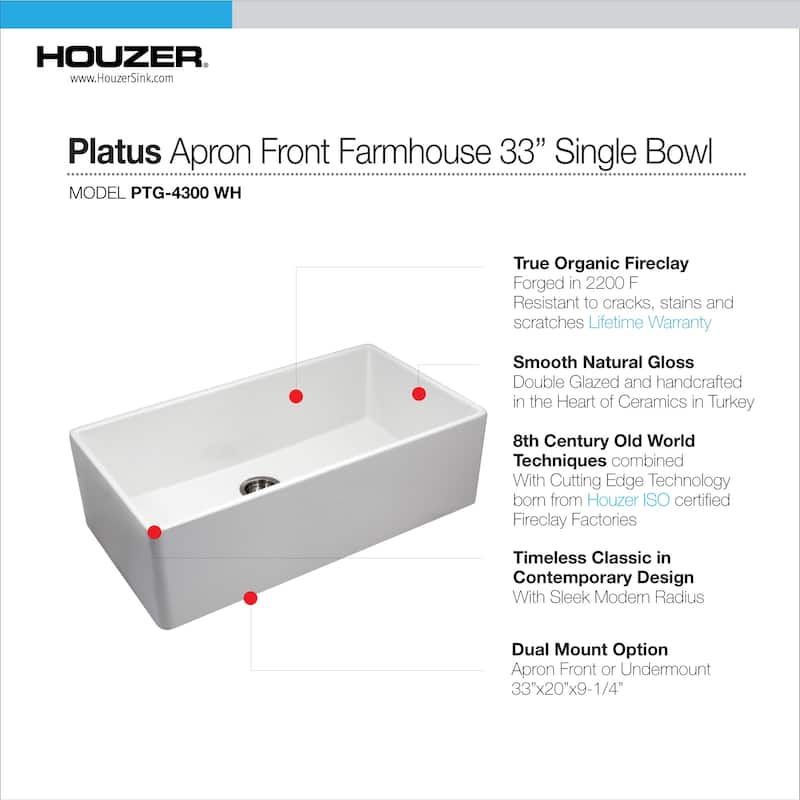 Houzer PTG-4300-C Platus 33" Farmhouse Single Basin Fireclay Kitchen