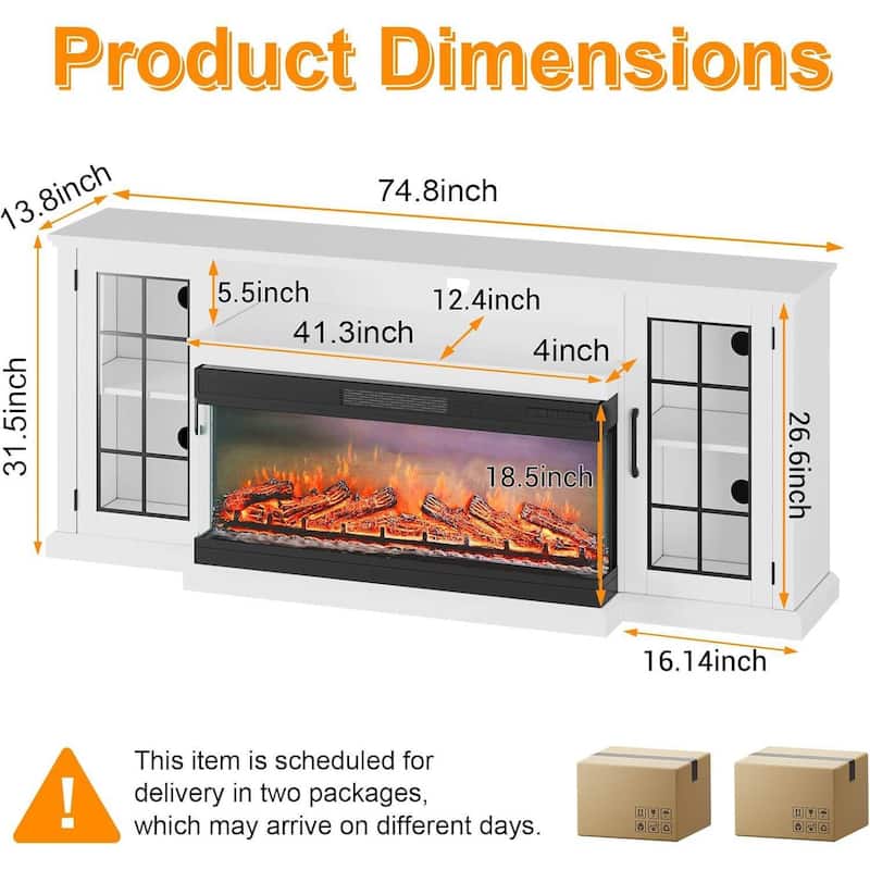 75In 3 Sided Glass Fireplace Heater TV Stand with LED Lights - N/A