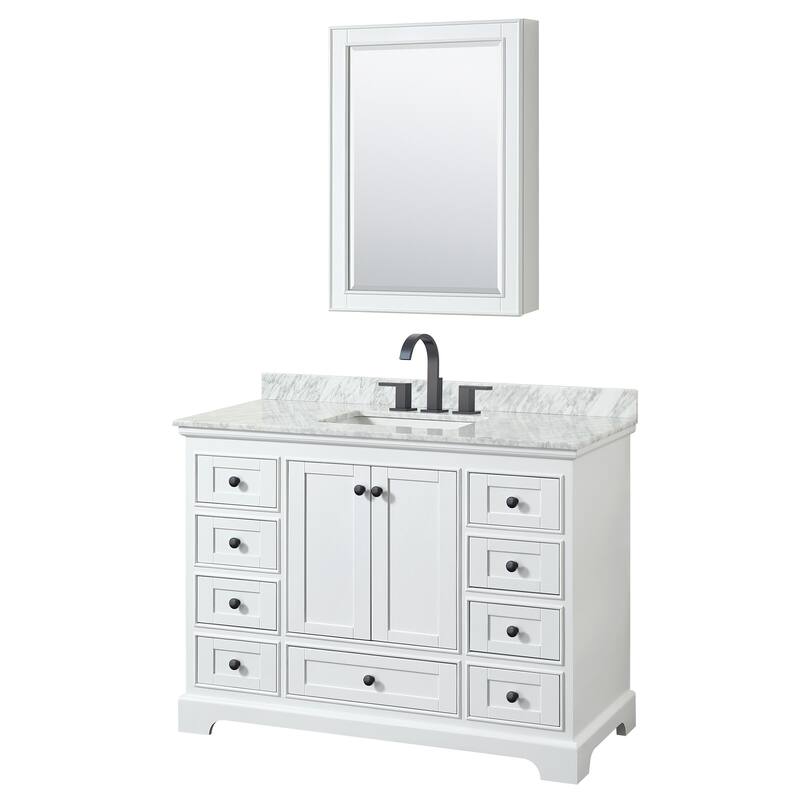 Wyndham Collection Deborah 48" Free Standing Single Vanity Set with - White / White Carrara Marble Top / Matte Black - Painted