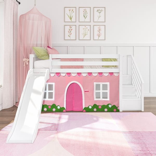 slide 2 of 64, Max and Lily Classic Twin Low Loft with Stairs, Easy Slide and Curtain White, Pink