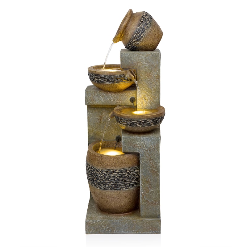 4 Tier Pots with Stones Fountain with LED Lights