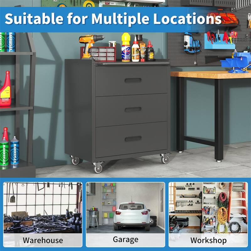 Heavy-Duty Metal Storage Cabinet with Wheels - 3 Drawer Tool Cabinet