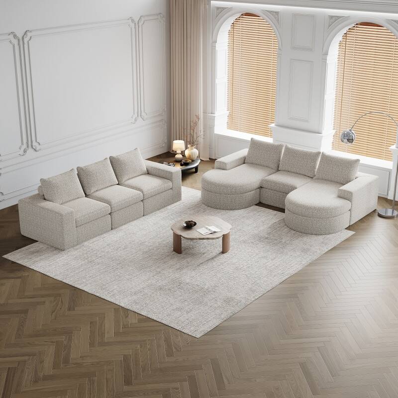 Modern L-Shaped Chenille Sectional Sofa with Chaise and Six modules - Beige