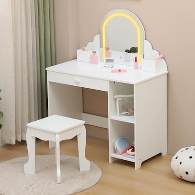 Kids Vanity Set with Lighted Mirror and Stool, Storage Drawer and Shelves for Girls Ages 3–9