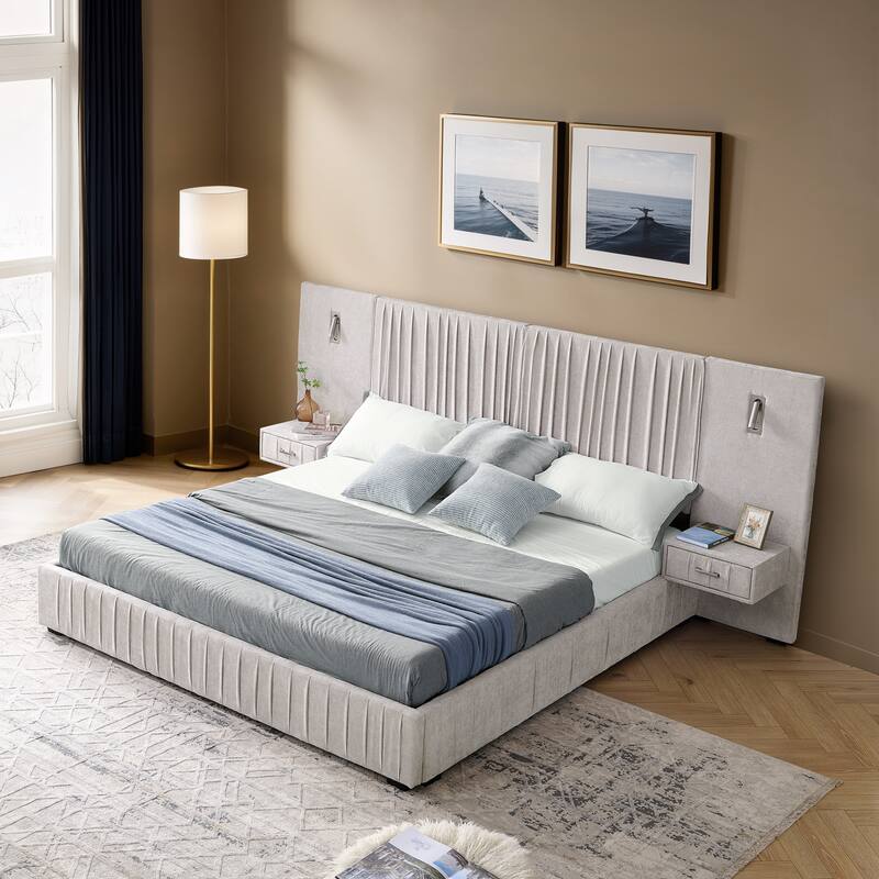 Queen Upholstered Bed Frame with Headboard, Chenille Fabric & No Box Spring