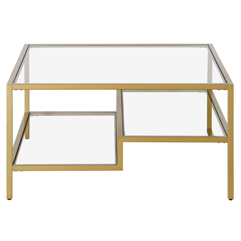 32-Inch Glass Square Coffee Table with Steel Base and Storage Shelves - 32” x 32” x 17”