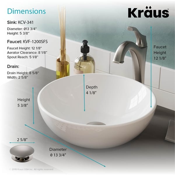 dimension image slide 2 of 4, Kraus 3-in-1 Set White Round Ceramic Vessel Sink Arlo Faucet w/ Drain
