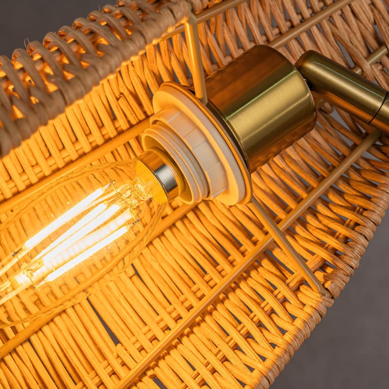 CraftHome Farmhouse Handwoven Rattan Table Lamp Antique Brass Finish Black Marble Base Nightstand Lamp For Bedroom - W13''